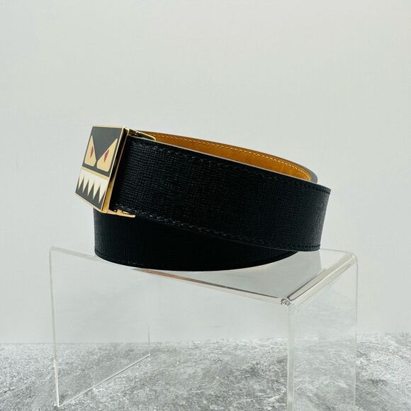 Fendi Monster Black & Gold Bug Eye Buckle Calf Skin Leather Belt Size 75 cm 30 i - Picture 1 of 11